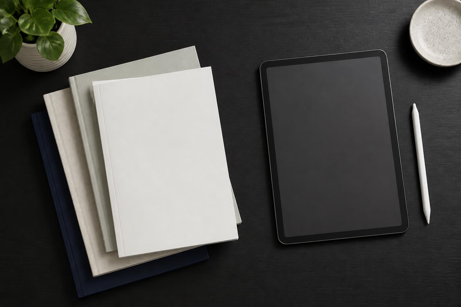 Printed small business guides and a tablet on a desk