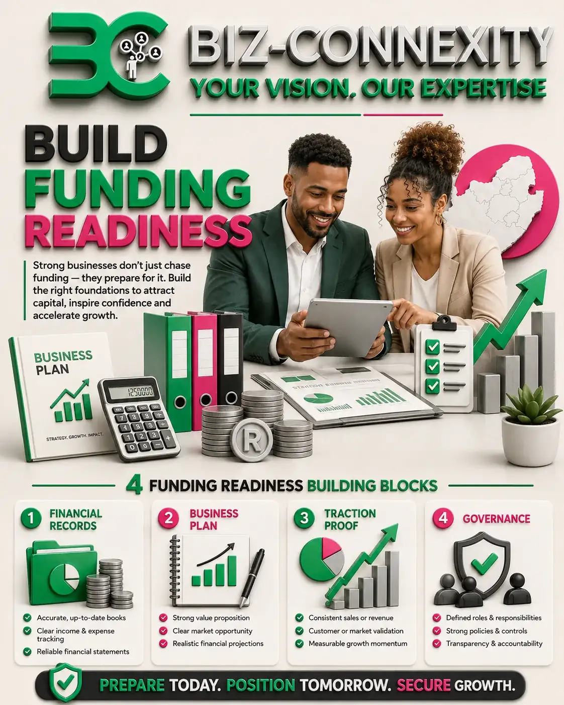 South African entrepreneurs reviewing four SME funding-readiness building blocks: financial records, business plan, traction proof and governance