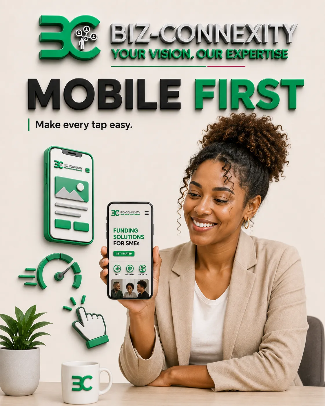 South African small business customer browsing a mobile website with page speed and tap-target indicators
