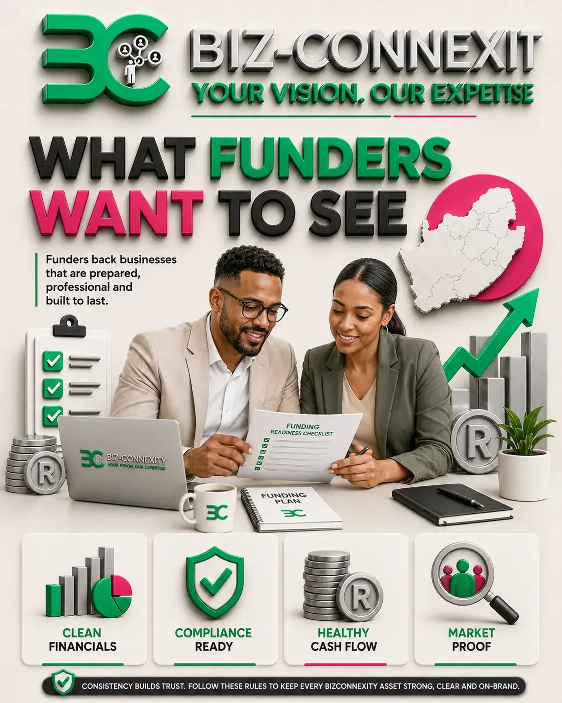 South African business owners reviewing a funding-readiness checklist covering clean financials, compliance, cash flow and market proof