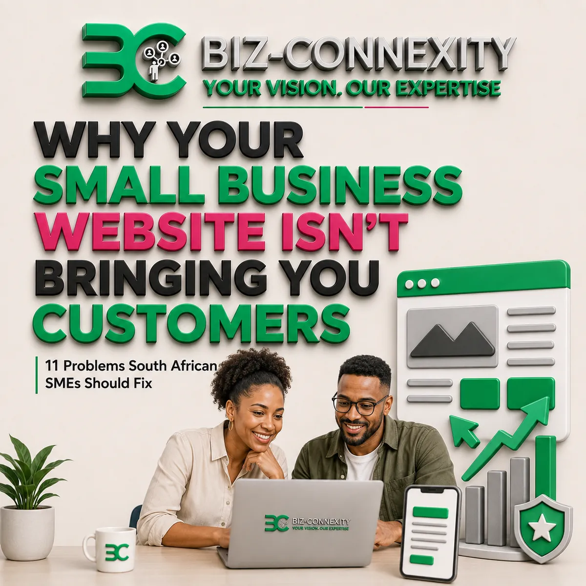South African small business owners reviewing website performance icons for growth, enquiries and security on a laptop
