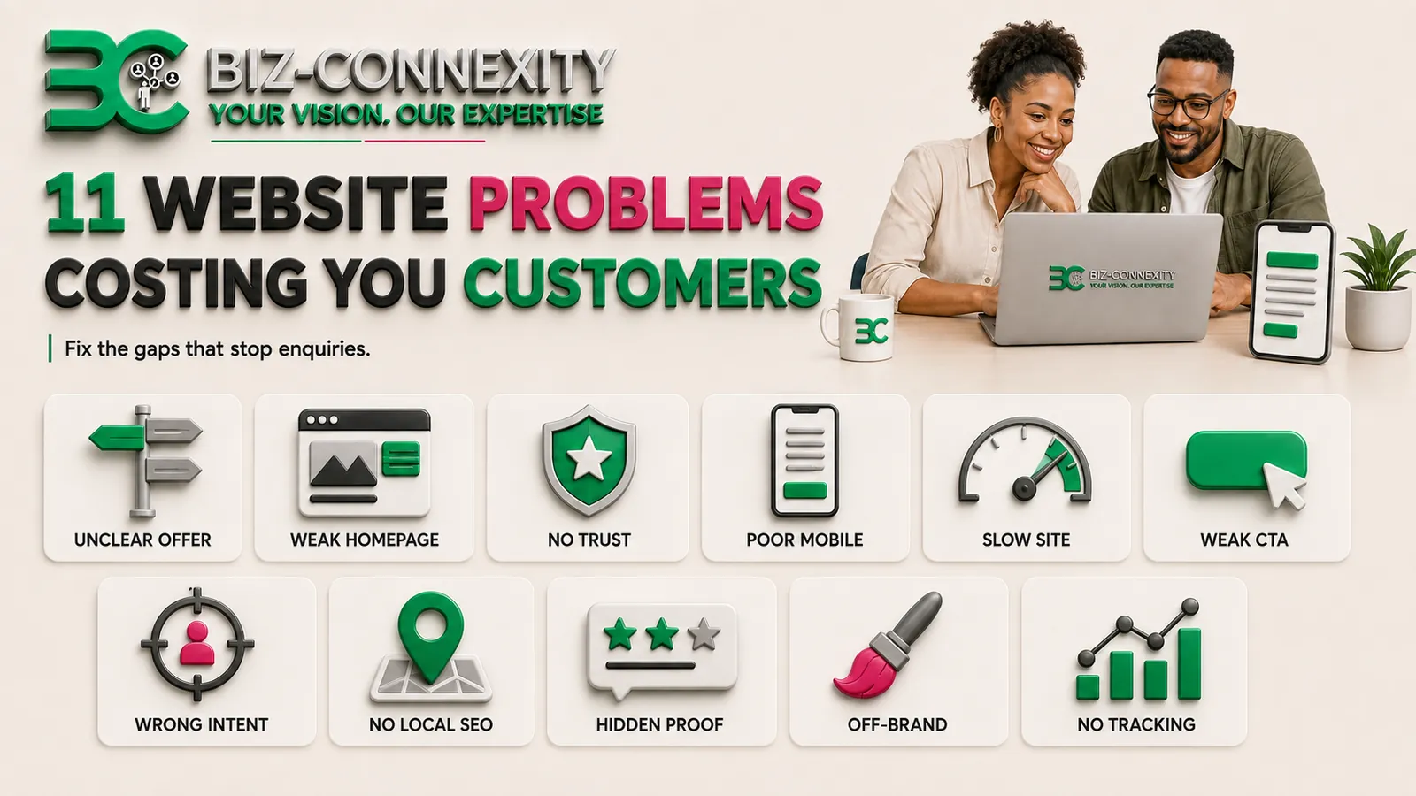 Eleven website problems costing South African small businesses customers, including an unclear offer, slow loading and missing trust signals