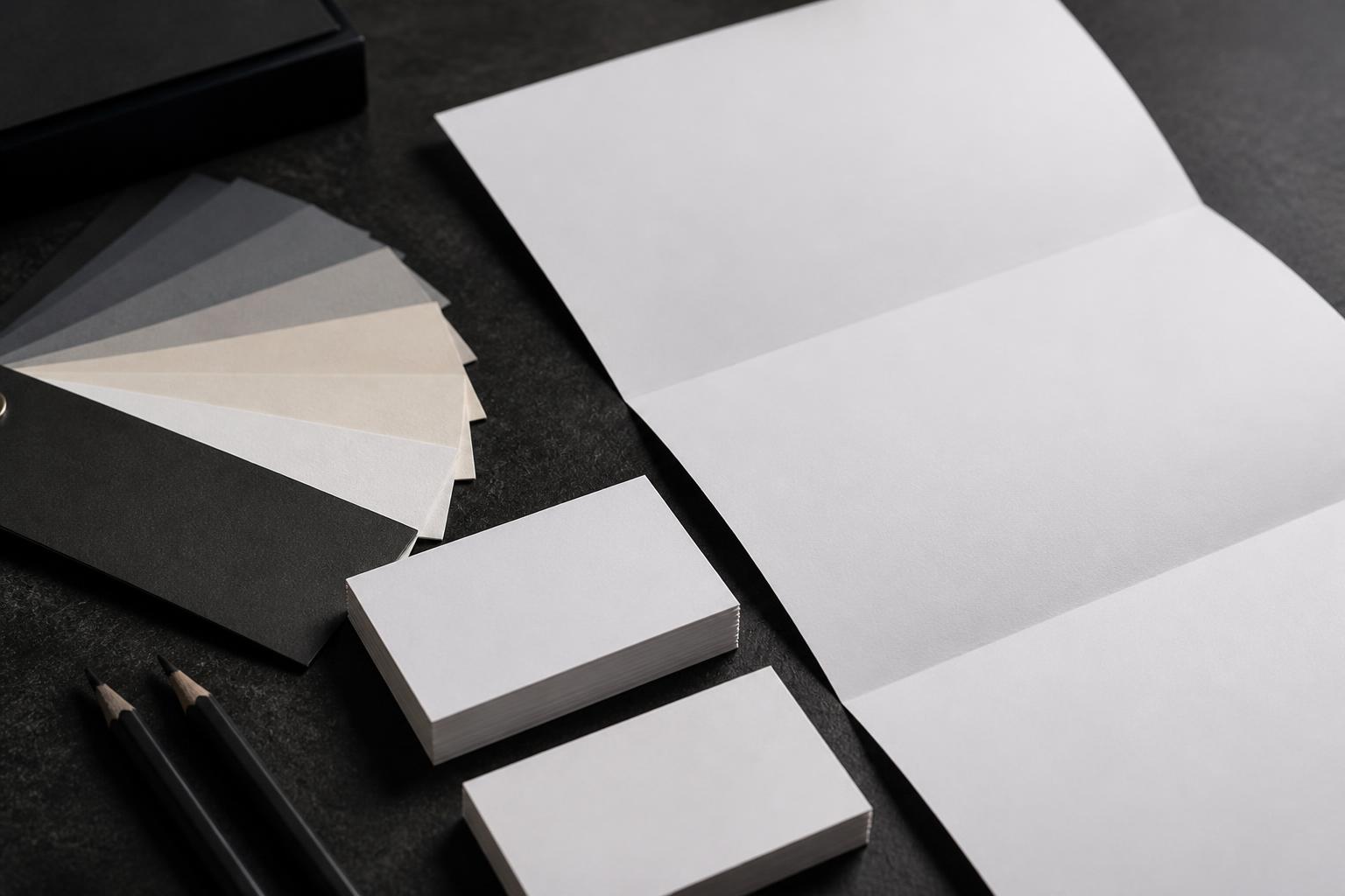 Brand identity design materials with colour swatches and blank stationery