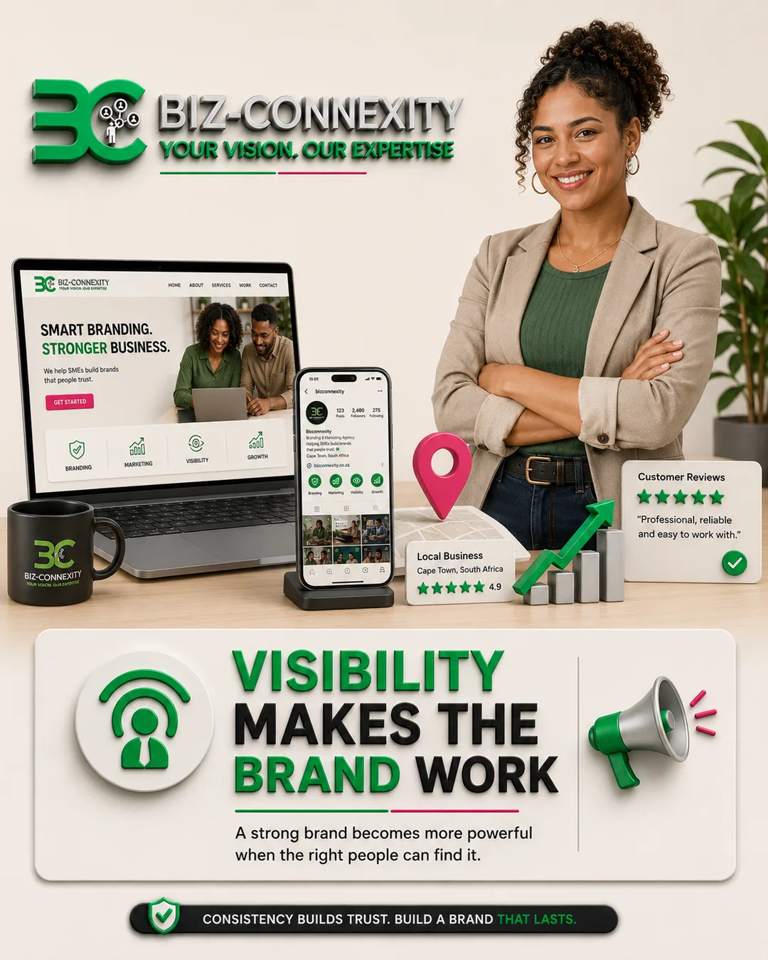 South African business owner beside a laptop and phone showing her business website and social profiles