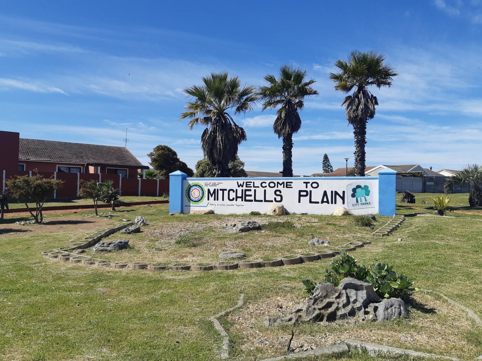 Welcome to Mitchells Plain sign marking a Cape Town business community