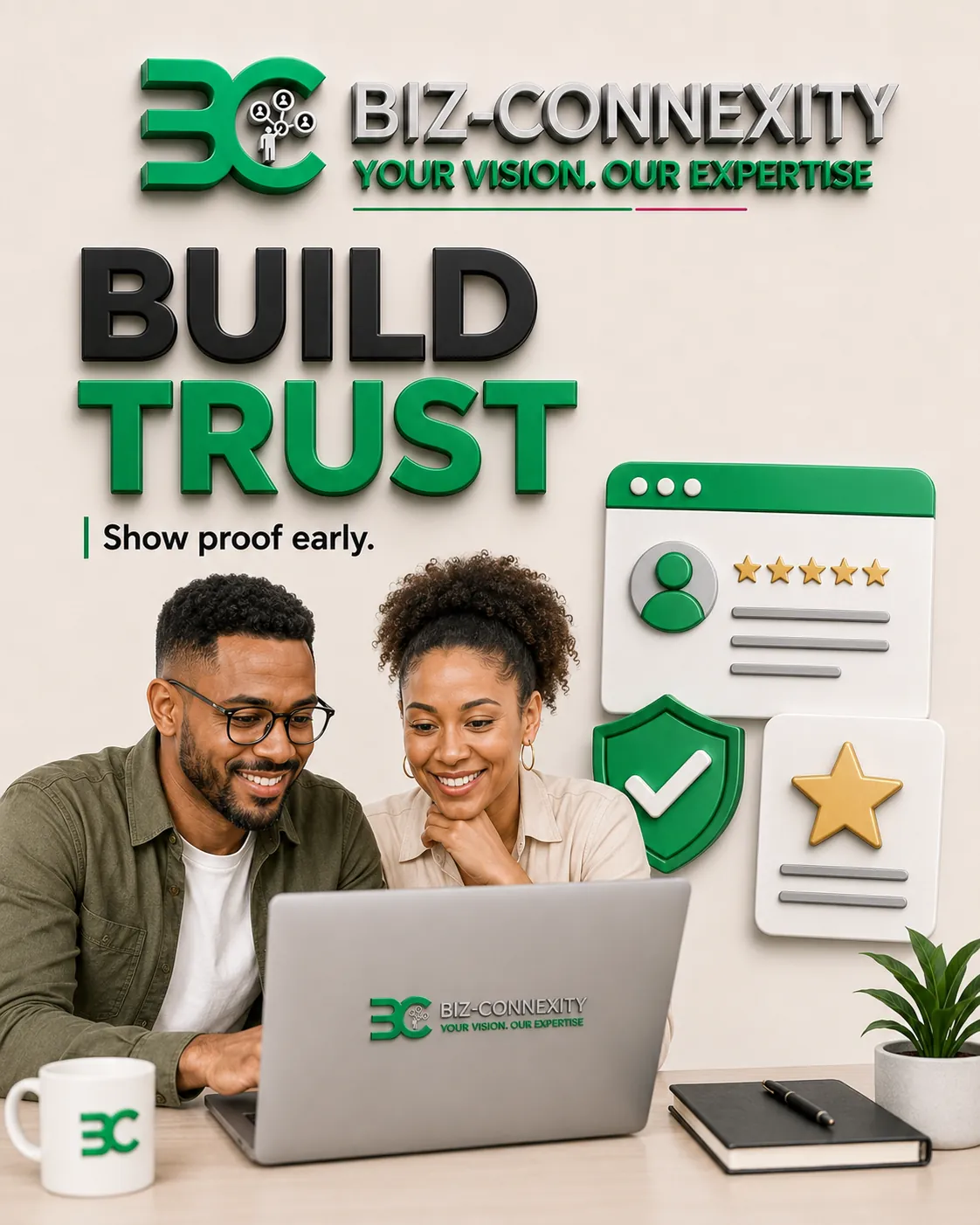 Small business customers reading reviews and a security badge on a laptop, showing website trust signals