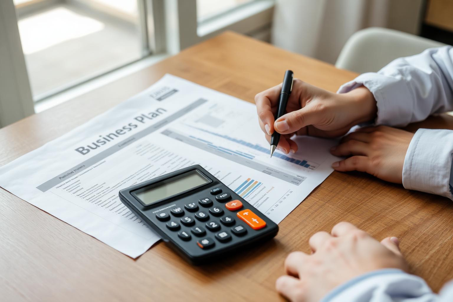 Hands reviewing a printed South African business plan with financial projections