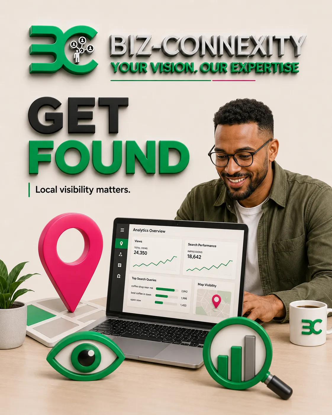 South African business owner reviewing website analytics and a local map pin showing search visibility