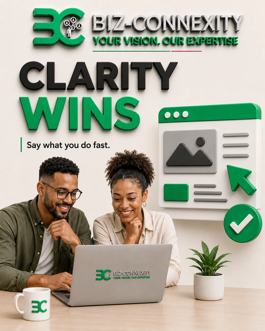 Two South African business owners writing a clear website offer statement at a computer, illustrating clarity in web copy