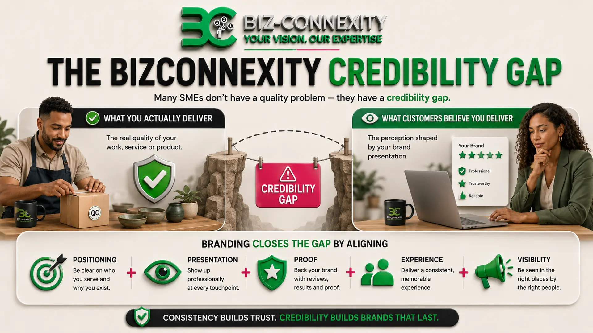 Diagram of the Bizconnexity Credibility Gap bridging what a business actually delivers and what customers believe it delivers